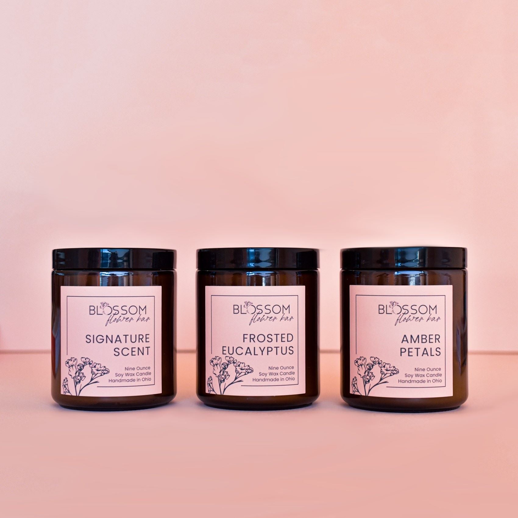 three differently scented candles in a line